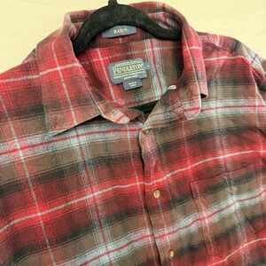 Pendleton Plaid Flannel Shirt Mens Large Red Gray Button Down Casual Outdoors